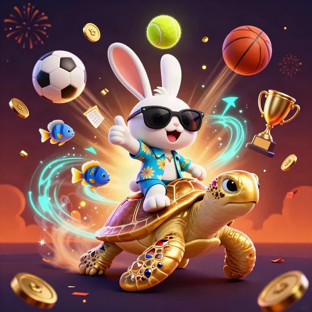 Cartoon-konijn op gouden zeeschildpad met sportballen, vuurwerk en casino-glans.