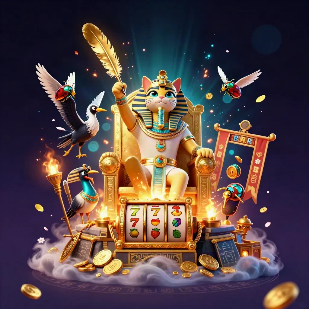 Egypte-casino scene met faraokat op troon, ibis-schrijver en glinsterende scarabeeën.