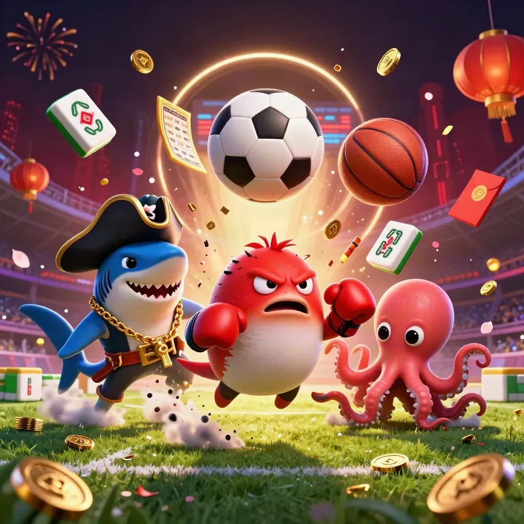 Piratenhaai, kogelvis en baby-octopus tussen sportballen, goud en neon.