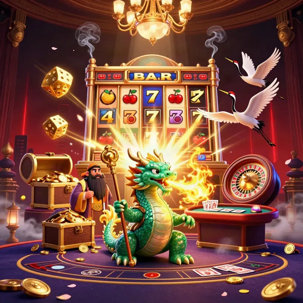 Draken, schildpad en kraanvogels in luxe casino met gokkast, goud, rook en neonlicht.