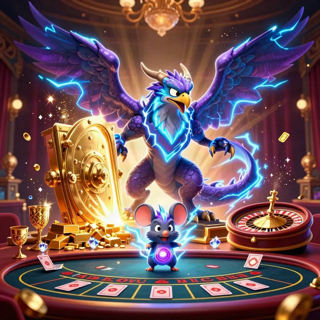 Thunderdraak, windvogel en statische muis in luxe casinozaal met goud, licht en damast.