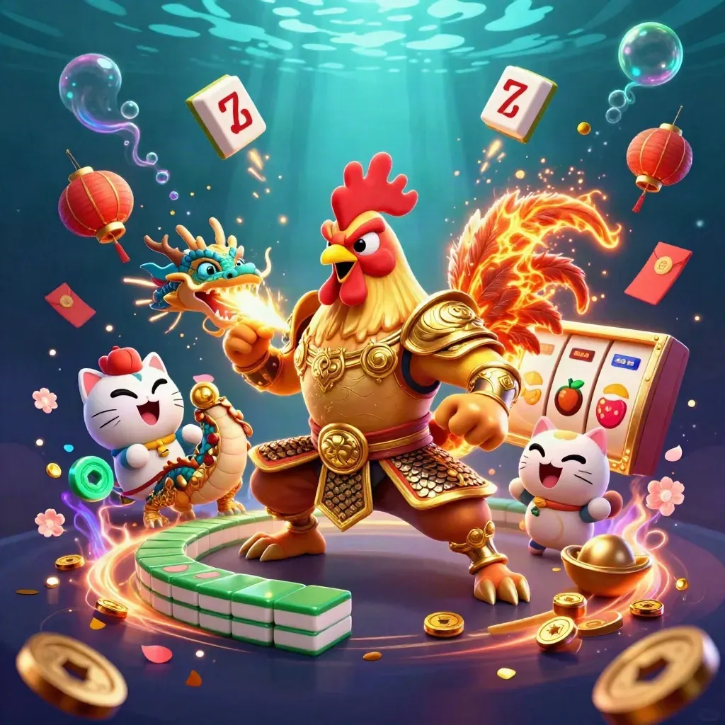 Drie cartoon-helden in samurai-, draak- en gelukskatstijl, omringd door casino-magie en cyan gloed.
