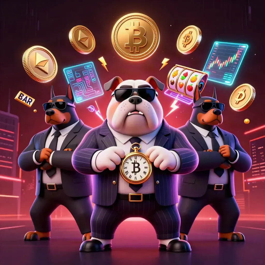 Bulldog-maffiabaas met twee dobermans, omringd door crypto-coins en neon in casino-stijl.