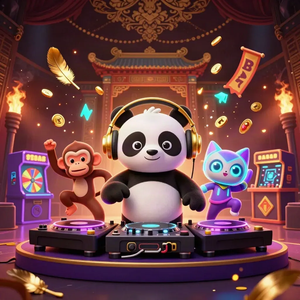 DJ-panda, dansende aap en glow-kat bij een tempel met goud en neon.