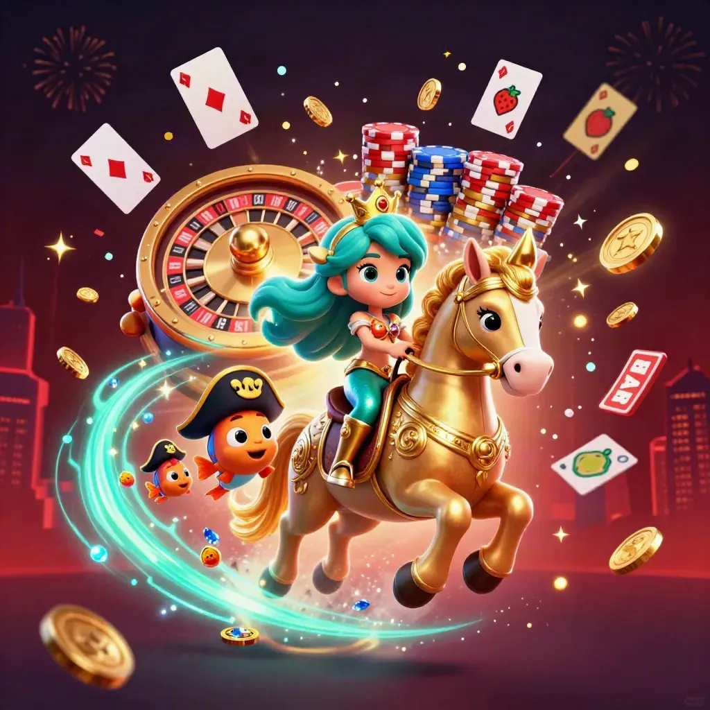 Zeemeerminprinses op zeepaard met piratenvissen, goud, neon en casino-glans