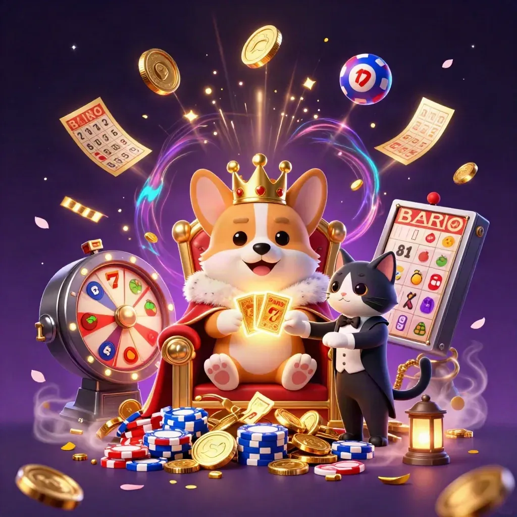 Koninglijke corgi en kattenbutler vieren een gouden casinostorm met munten en vuurwerk.