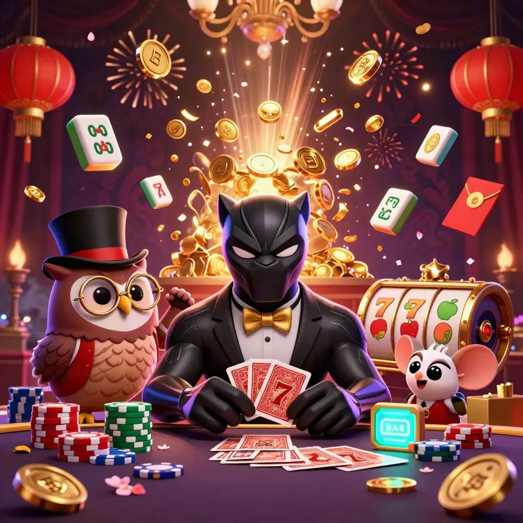 Drie casinodieren vieren tussen munten, vuurwerk en slotrollen in goud, paars en cyaan.