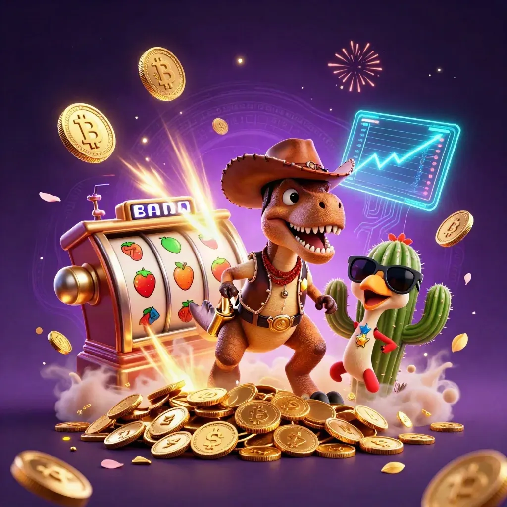 Cowboy-T-Rex, cactus en roadrunner tussen goudmunten, neon effecten en vuurwerk in paars casino-thema.