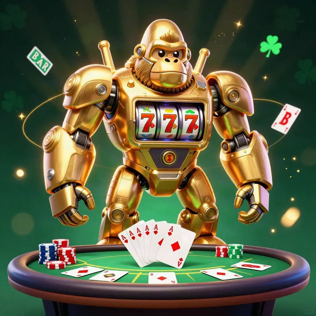 Gouden gorillamech met aapje, slotraderen en casinochips in cyan/groen licht.
