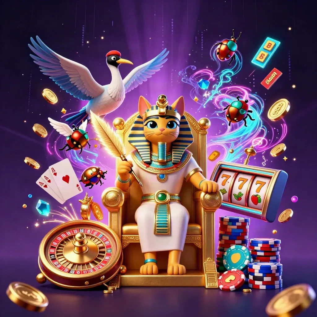 Gouden pharaohkat op troon met ibis, scarabeeën, munten en neon casino-effecten.