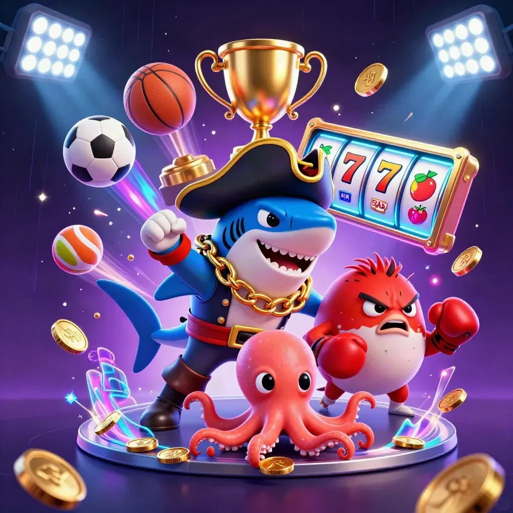 3D piratenhaai, rode kogelvis en baby-octopus met munten in neon casino-actie
