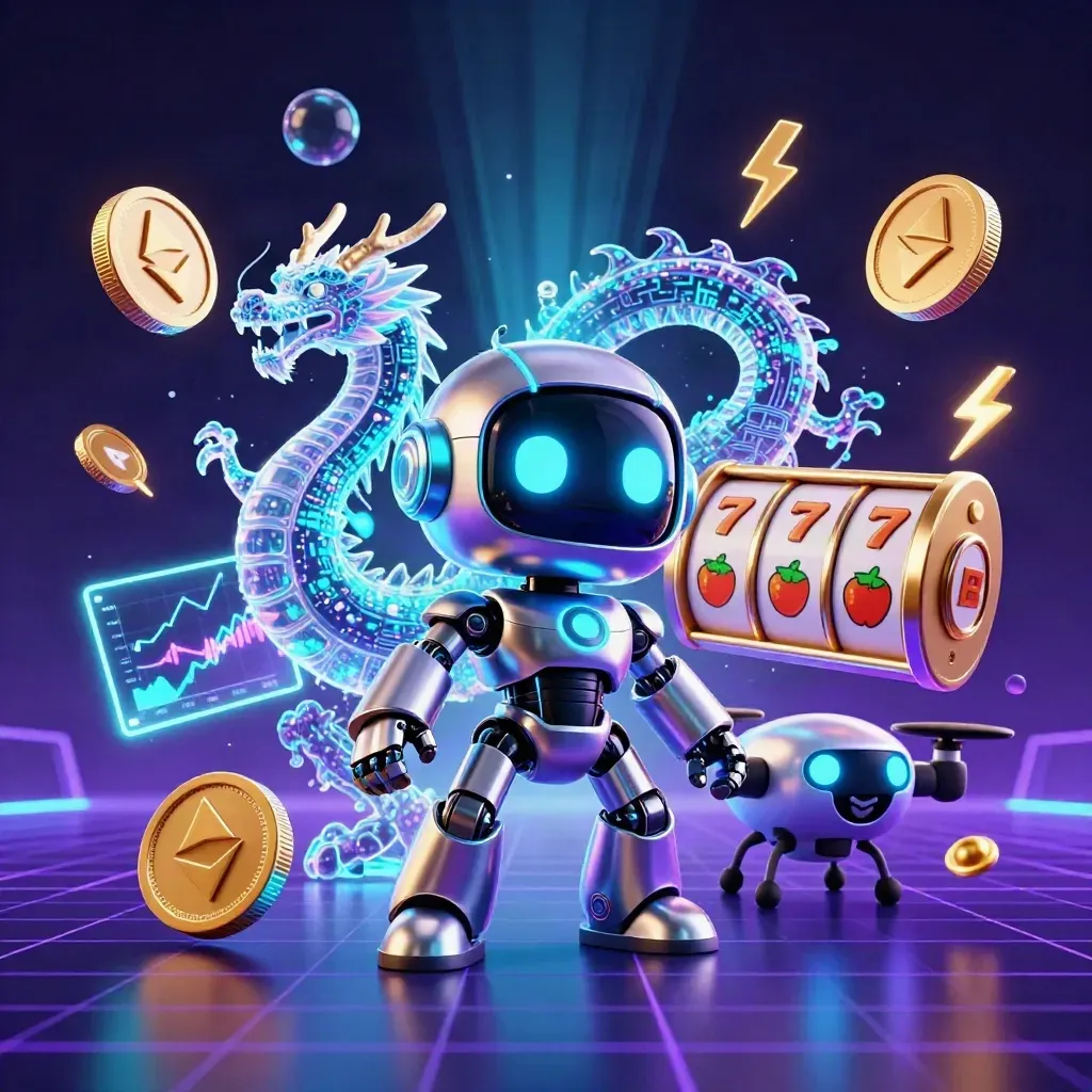 Cyberrobot, holografische draak en drone tussen slotsymbolen en neon casino-glans.