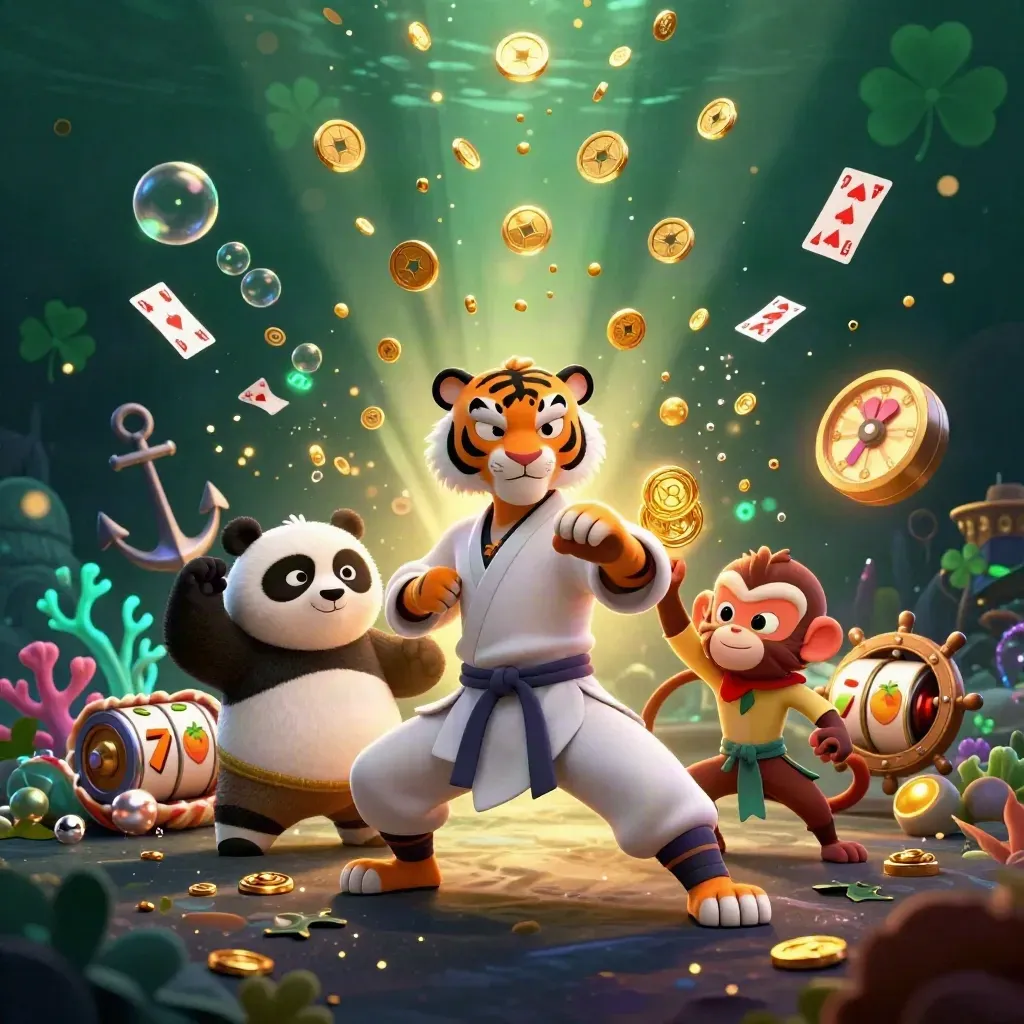 Tijger, panda en aap tussen schatten, kaarten en neon casino-effecten in een vierkante banner.