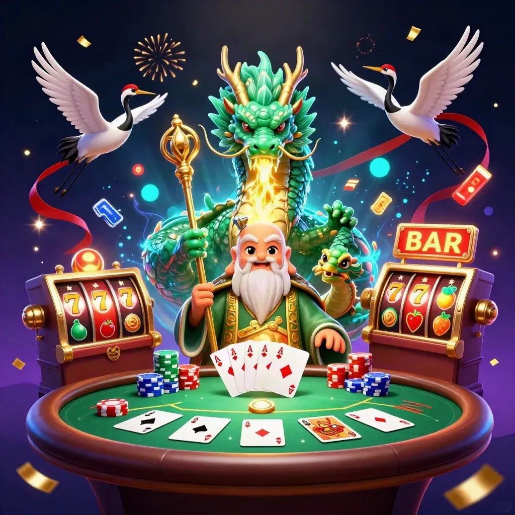 Draken, schildpad en kraanvogels met pokerchips en slotsymbolen in neon casino-sfeer.