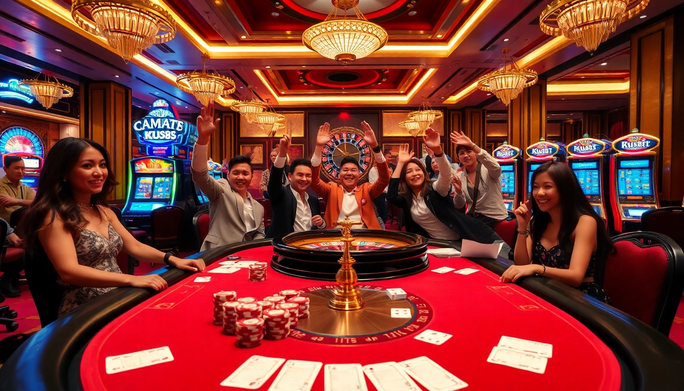 Experience the excitement of Ku88 with players celebrating at a luxurious casino table.