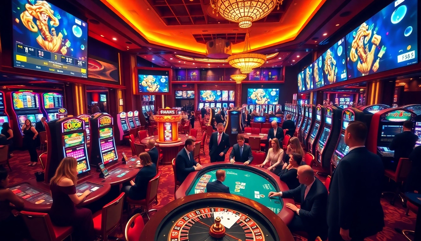 Exciting gambling scene at https://fb888.it.com/ with poker tables and roulette wheels.
