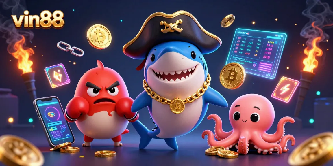 Vin88-themed illustration featuring a pirate shark, pufferfish, and octopus in a vibrant casino scene.
