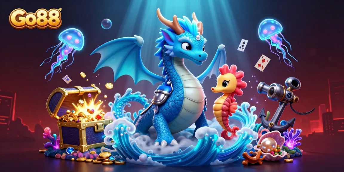 Experience the thrilling adventures at Go88 with enchanting creatures and vibrant casino elements.