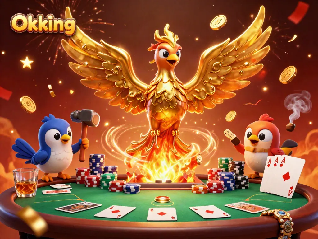 Enjoy thrilling action with Okking as the phoenix emerges amidst poker chips and cards, dramatic scene.