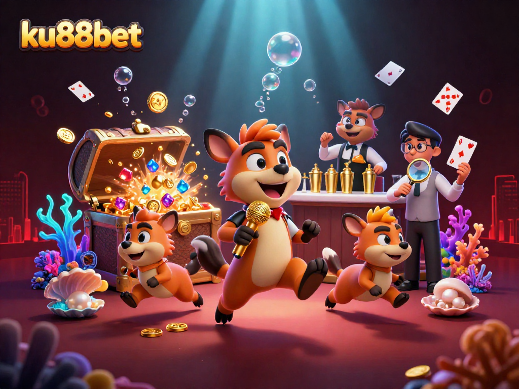 ku88bet's vibrant casino scene showcases hyena comedians amidst swirling cards and treasure.
