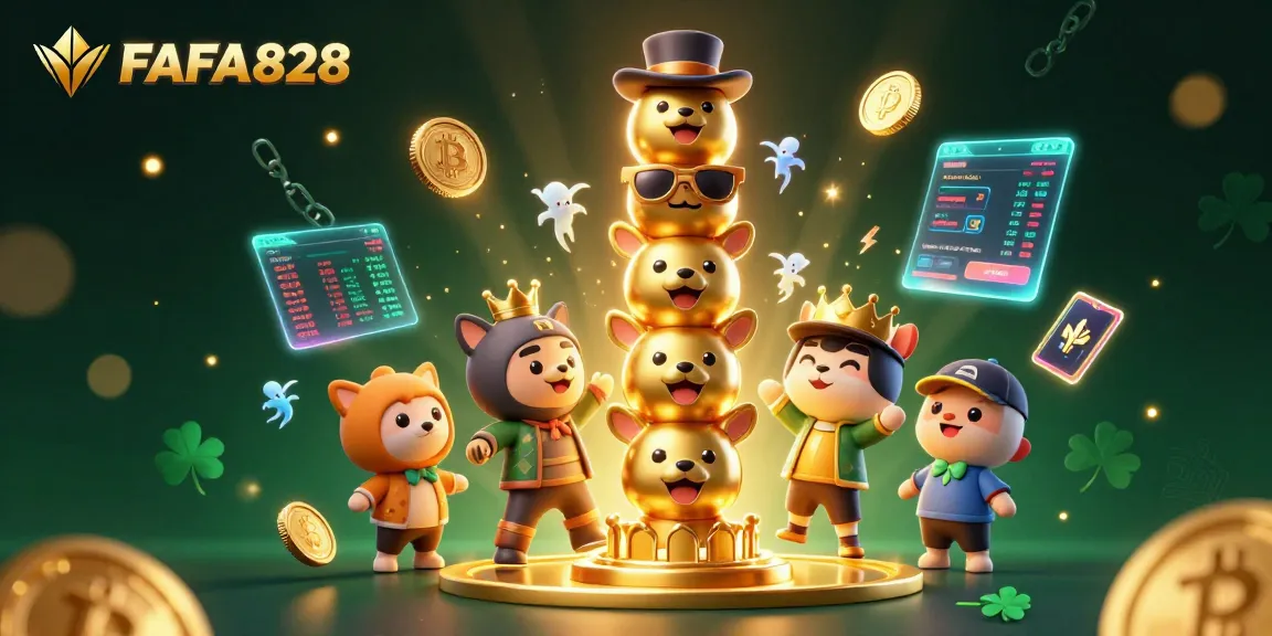 Engage with FAFA828's animated totem pole surrounded by vibrant crypto elements and neon coins.