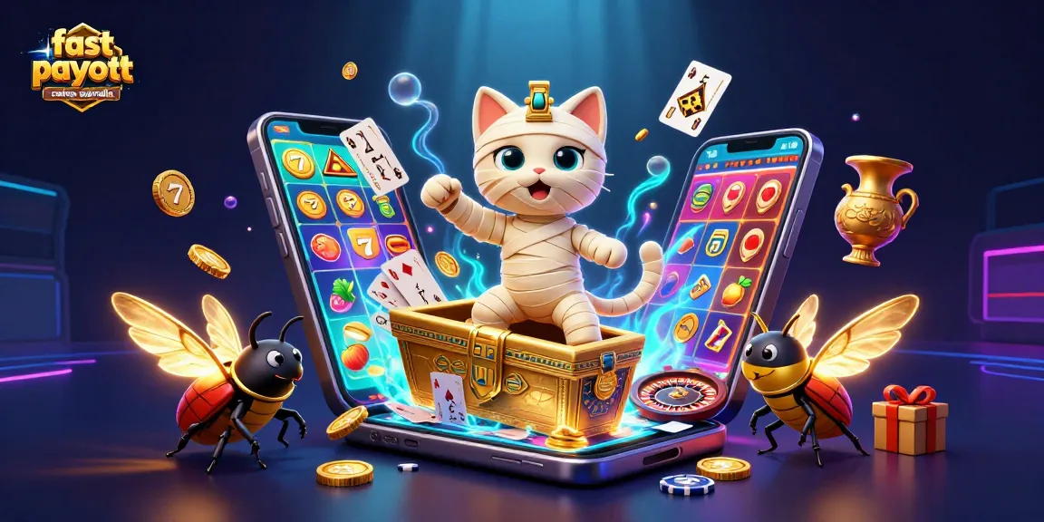 Spin the reels at fast payout casinos Australia featuring a mummy cat, glowing scarab, and slot game excitement.