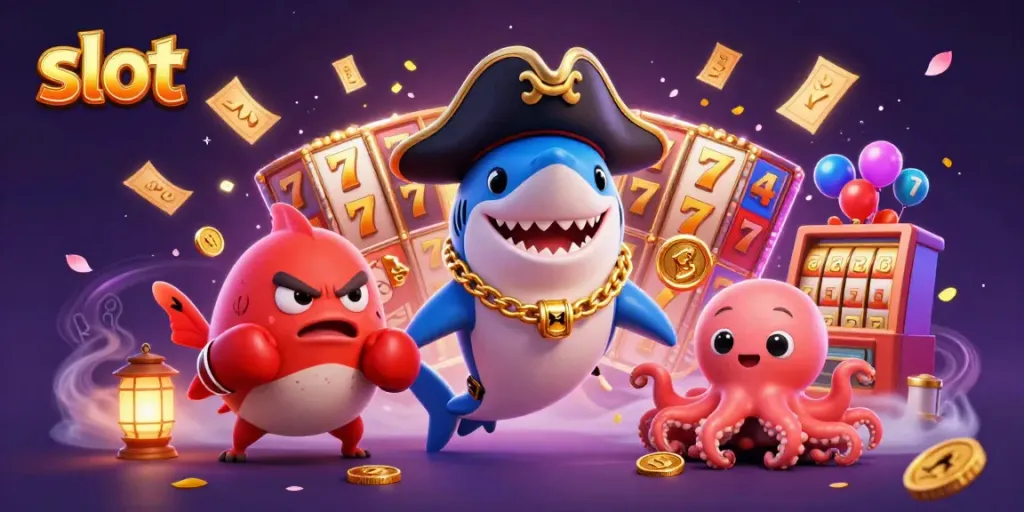 Spin the slot machines in a vibrant casino atmosphere with colorful characters and jackpot excitement.