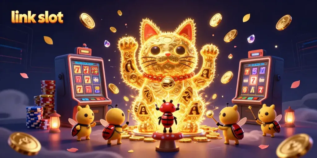 Experience link slot excitement with a vibrant lucky cat and engaging casino elements.
