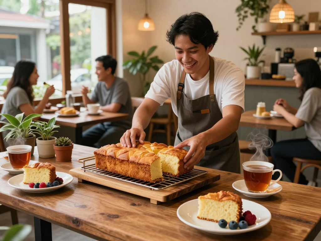Freshly baked rokok88 bolu bakar served with tea in a cozy Bandung cafe