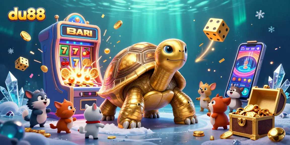 Dive into du88's vibrant casino adventure with a golden tortoise pinball machine, exciting animals, and dynamic slots.