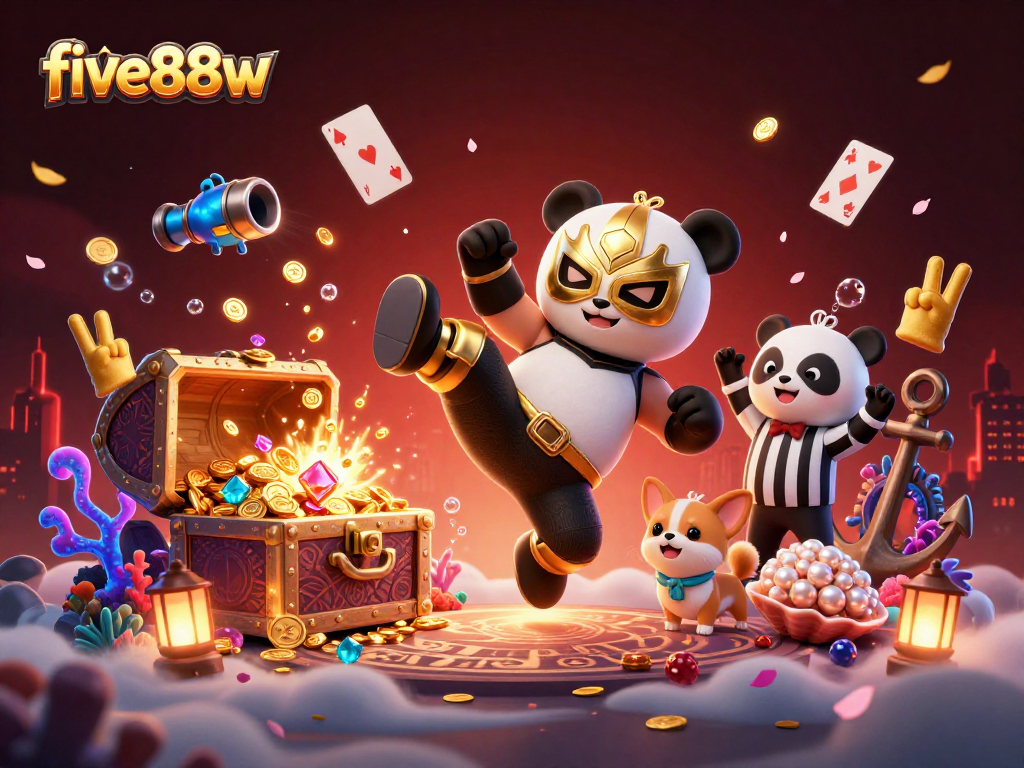 Experience five88w's thrilling casino excitement with a panda warrior and vibrant celebrations.