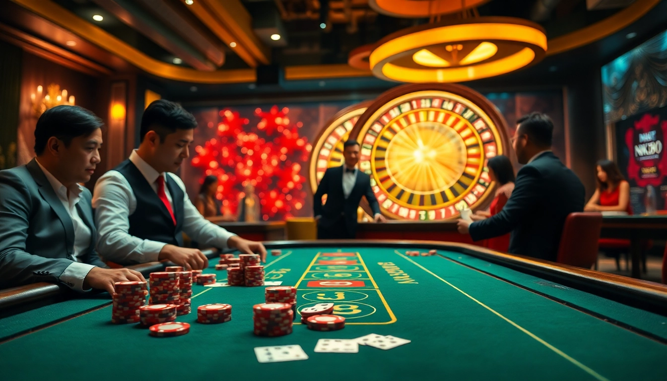 Players engaging at the NK88 casino table, showcasing excitement and high stakes.