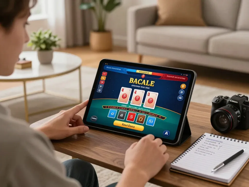 Player enjoying vin888 online baccarat game on tablet in a cozy home setting.
