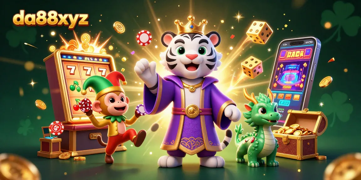 Win big at da88xyz with a vibrant scene of a lively tiger, monkey, and jade dragon in a casino