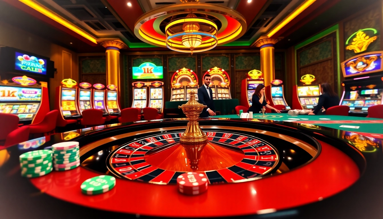 Exciting casino environment at https://rr88me.com/ featuring roulette table, poker chips, and slot machines.
