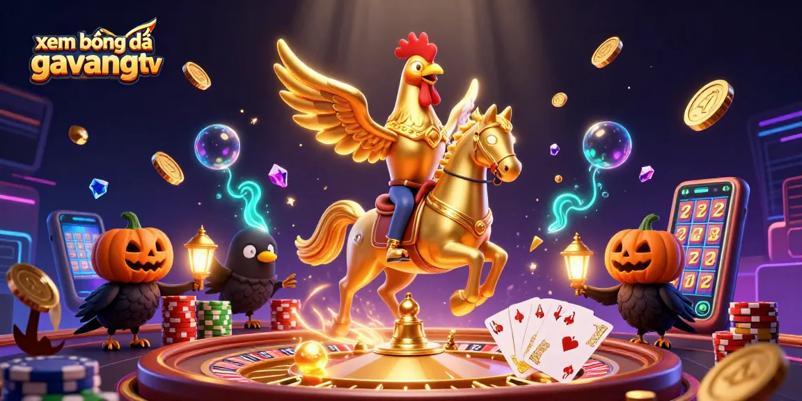 xem bóng đá gavangtv: View a golden rooster horseman navigating a vibrant midnight casino.