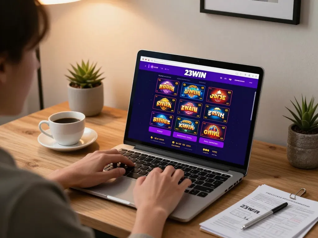 Person interacting with 23WIN casino interface on laptop, emphasizing online gaming experience and strategy