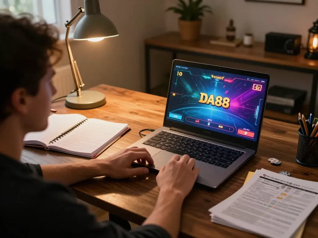 Player mastering DA88 poker strategies in a stylish home gaming setup with detailed notes.