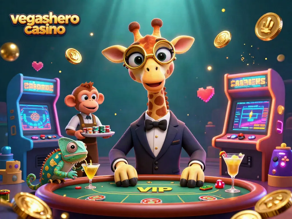 Engaging scene showcasing vegashero casino with vibrant characters at a poker table surrounded by gaming elements.