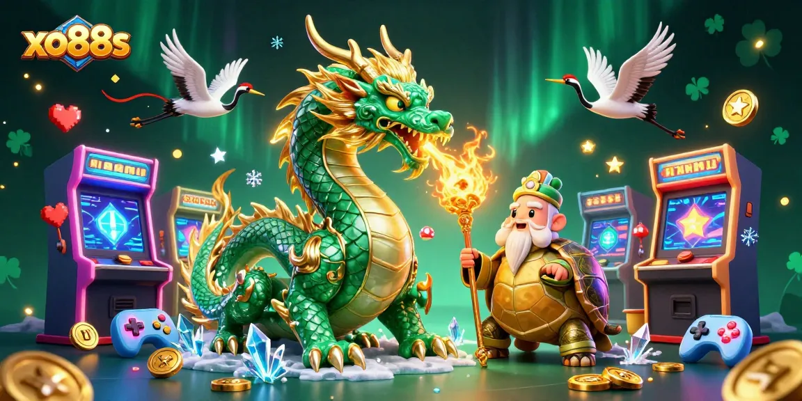 Experience the vibrant world of xo88s, where a dragon, turtle, and cranes engage in exciting gaming adventures.