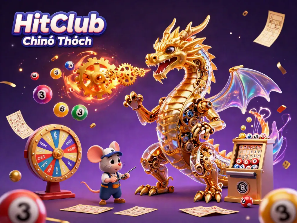 Engage with HitClub Chính Thức, featuring a captivating scene of a golden dragon and colorful lottery elements for a thrilling gaming experience.