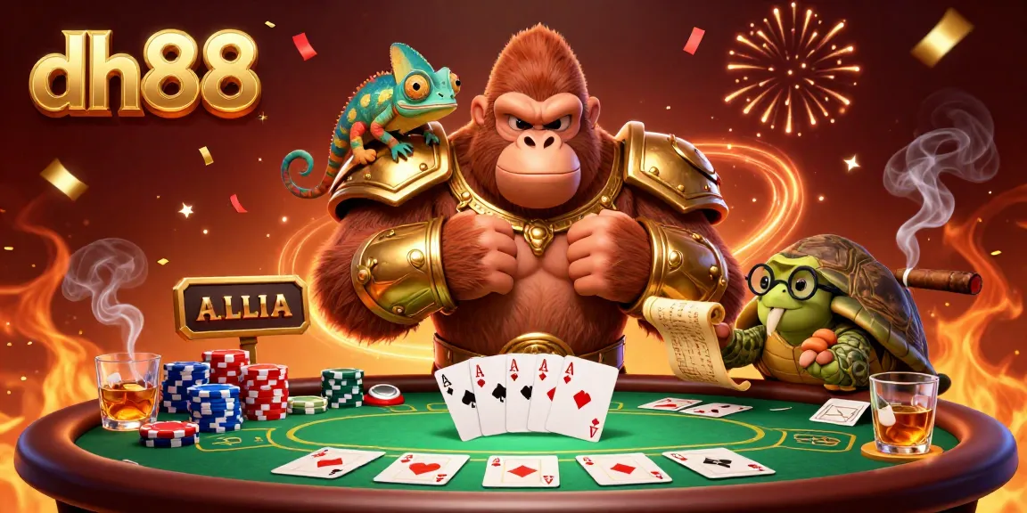 Engage with dh88 through a vibrant scene featuring a powerful gorilla king and colorful elements at a poker table.