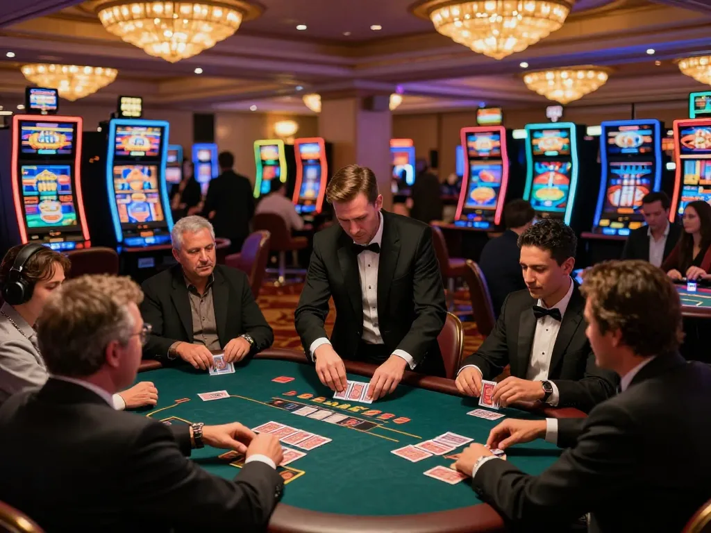 B52 dynamic gameplay in a vibrant casino atmosphere with players engaging at poker tables.