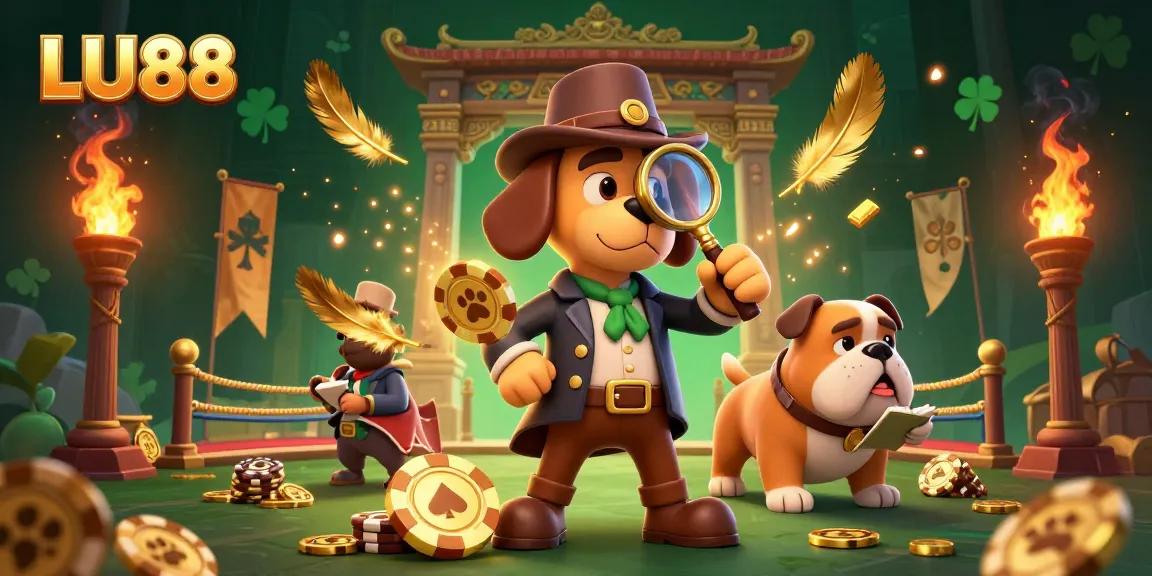 Engage in thrilling gameplay with LU88 as a cartoon detective uncovers poker treasures surrounded by vibrant casino elements.