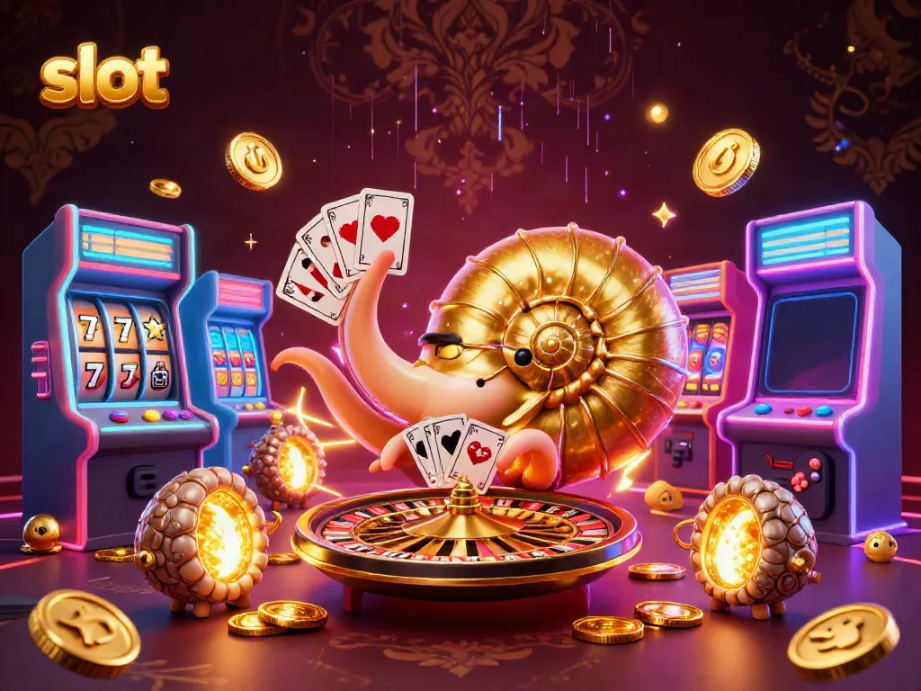 Engage with thrilling slot games in a vibrant 3D casino scene featuring a nautilus roulette and arcade machines.