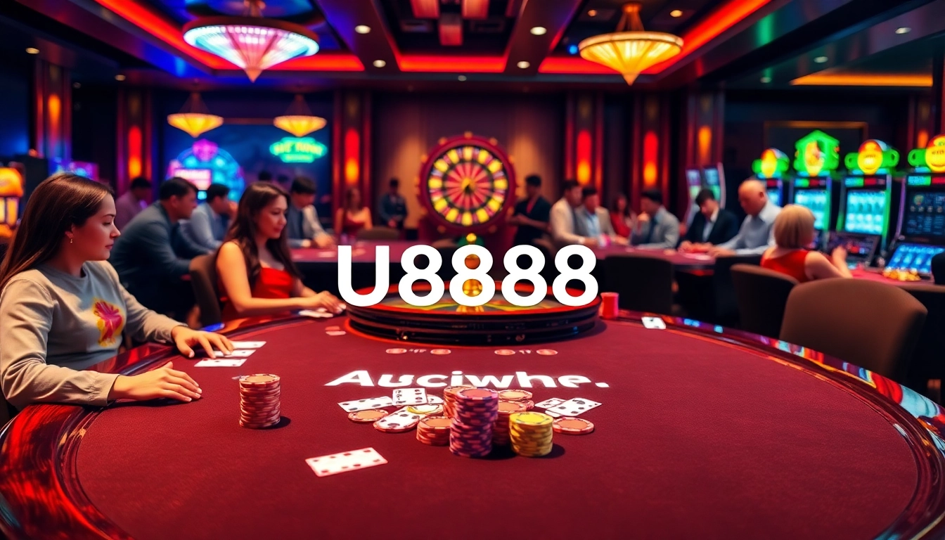 Experience excitement at U8888 with vibrant casino games and engaging players in a luxurious setting.