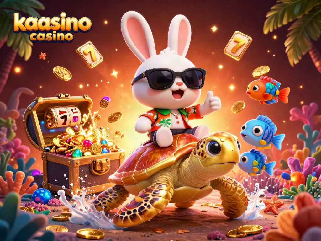 Kaasino casino brings excitement with a lucky rabbit and a golden turtle surrounded by vibrant gaming symbols.