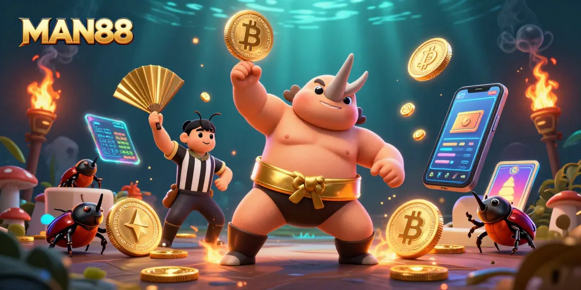 MAN88 promotes thrilling gaming excitement with a dynamic scene of colorful characters and crypto elements.