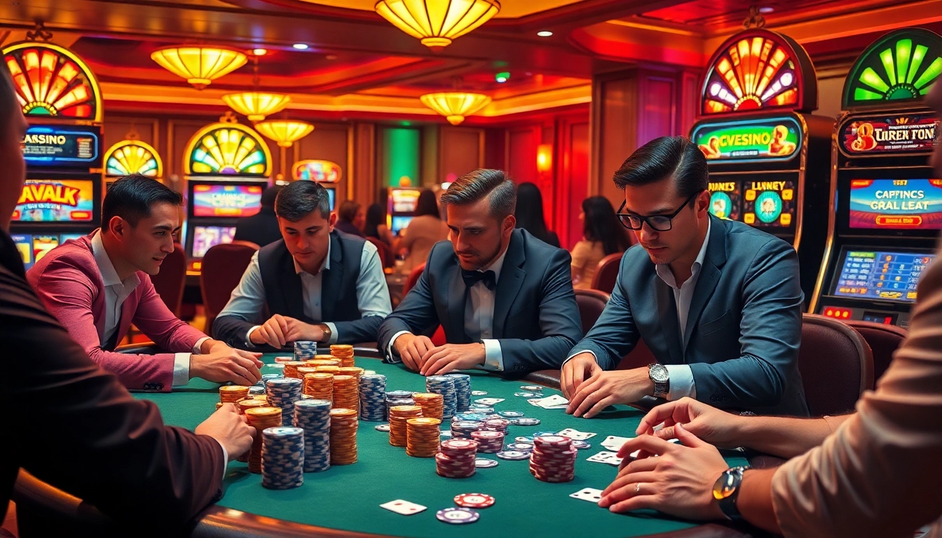 79KING players engaging in strategic gameplay at a vibrant casino table, surrounded by colorful chips and slot machines.