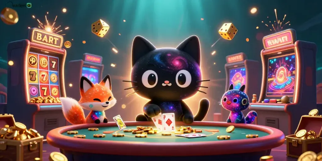 Engage with web febet at this dynamic cosmic casino featuring a black hole cat and vibrant game elements.
